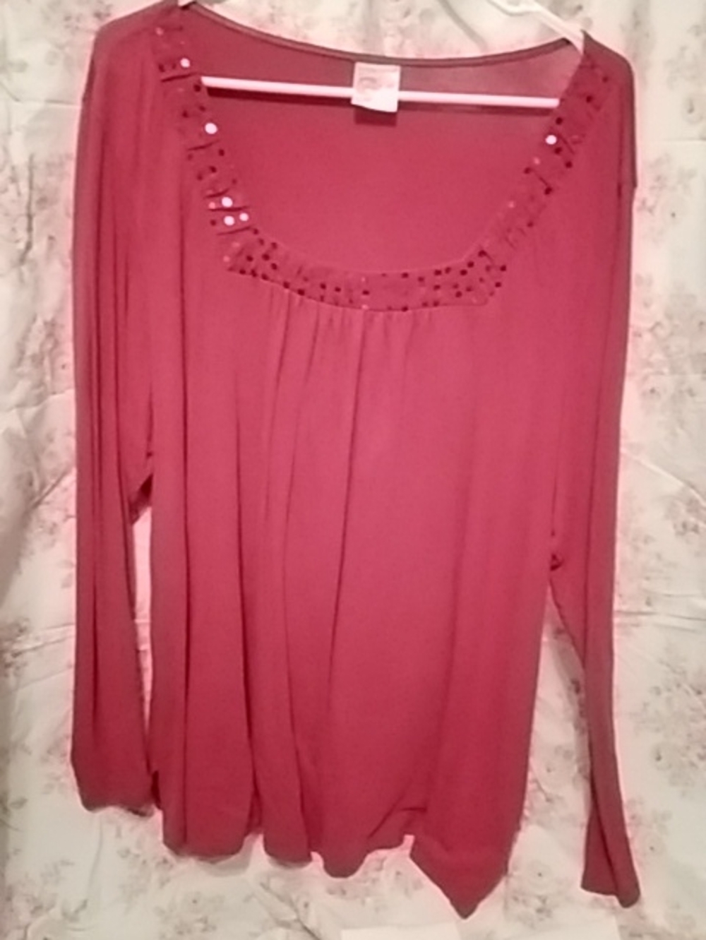 Just My Size Long-Sleeve Scoop Neck Top with Sequin Trim - Dark Pink